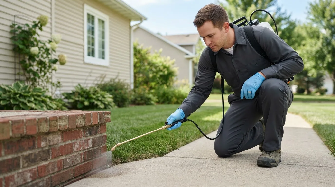 Pest control technician treating a home near Indio, CA